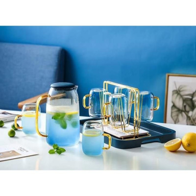 COMBO BÌNH ĐỰNG NƯỚC UỐNG MÀU XANH BIỂN KÈM KHAY VÀ GIÁ ÚP CỐC