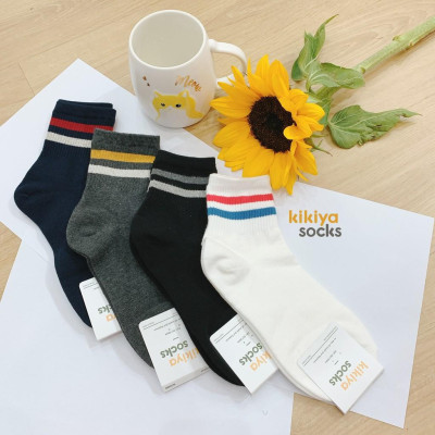 Tất vớ nữ cổ cao sọc ngang Kikiya cao cấp Hàn Quốc W-C-002