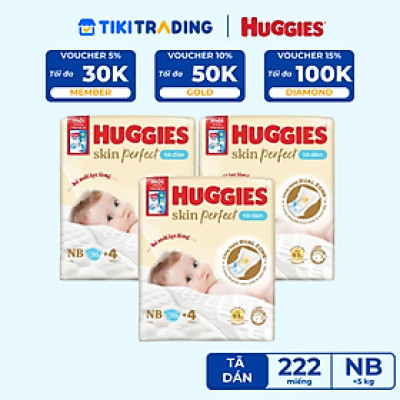 Combo 3 gói Tã/bỉm dán sơ sinh Huggies Skin Perfect NB 70+4 miếng với 2 vùng thấm giảm kích ứng da