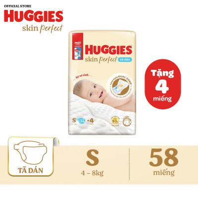 Tã/bỉm dán sơ sinh Huggies Skin Perfect S 54+4 miếng với 2 vùng thấm giảm kích ứng da