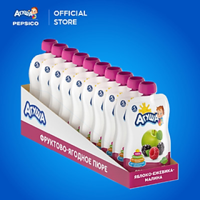 Thùng 10 Gói Trái cây nghiền vị táo, mâm xôi đen và mâm xôi đỏ Agusha 90g/gói dành cho bé từ 6 tháng trở lên