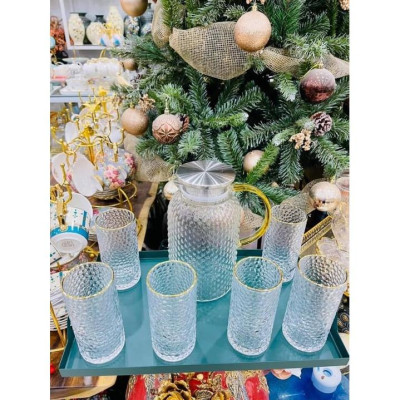 Combo bình đụng nước uống 6 cốc thủy tinh chịu nhiệt cao cấp vân sần kèm khay kim loại sơn tĩnh điện xanh