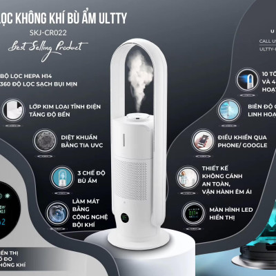 Máy Lọc Không Khí Bù Ẩm ULTTY SKJ-CR022 Dạng Quạt, Diệt Khuẩn Bằng Tia UV, Chế Độ Làm Mát 9 Cấp, Bộ Lọc HEPA H13 Loại Bỏ 99,97% Bụi Mịn, Vi Khuẩn, Virut, Bù Ẩm 3 Cấp - Hàng Chính Hãng