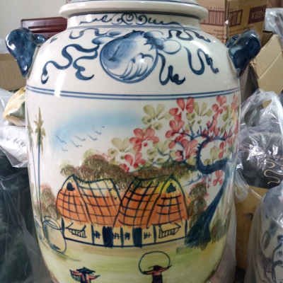 Hũ đựng rượu gạo vẽ phong cảnh Bát Tràng loại 20L (hoa văn ngẫu nhiên)