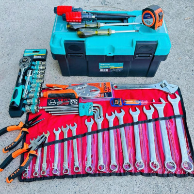 Bộ dụng cụ 46 món đồ sửa chữa xe máy, máy móc: hộp đựng đồ, cle, mỏ lết, lục giác, tuýp, tô vít.GF46