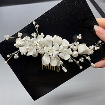 Cài tóc cô dâu hoa đất sét trắng có sẵn xược cài mã 004 - 18cm