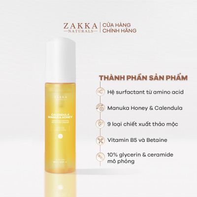Sữa Rửa Mặt Hoa Cúc Làm Sạch Dịu Nhẹ Dưỡng Ẩm Calendula Manuka Honey Hydrating & Calming Amino Foam Zakka Naturals 185ml