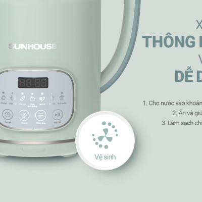 Máy Làm Sữa Hạt Đa Năng Sunhouse SHD5260 – 800ml Cối 2 lớp Lưỡi dao kép 8 cánh, Hẹn giờ nấu thông minh - Hàng chính hãng