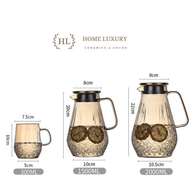 Bình nước thủy tinh Borosilicate Vàng Hoàng Kim 2 Lít | Bình thủy tinh vàng cao cấp chống sock nhiệt dung tích 2000ml