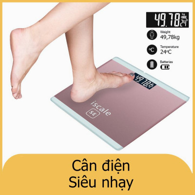 Cân sức khỏe điện tử vuông ISCALE mặt kính cường lực, kiểu dáng iphone cao cấp tặng kèm 2 pin AAA 180kg - Hàng chính hãng