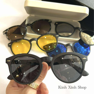 Kính Cận Râm Nhiều Tròng 6in1 Đa Năng Dáng Mắt Tròn Gọng Nhựa Màu Đen Thiết Kế Đơn Giản Cho Nam Nữ