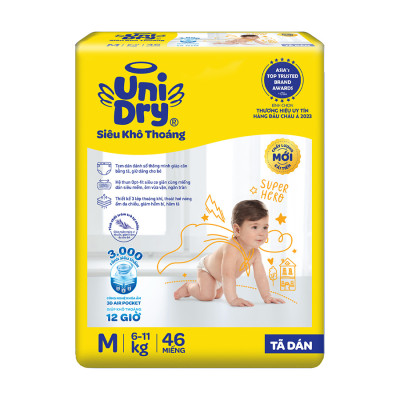 Tã dán em bé Siêu khô thoáng gói Jumbo Unidry G6X size M-46 miếng