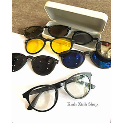 Kính Cận Râm Nhiều Tròng 6in1 Đa Năng Dáng Mắt Tròn Gọng Nhựa Màu Đen Thiết Kế Đơn Giản Cho Nam Nữ