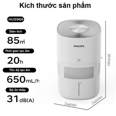Máy tạo độ ẩm công nghệ NanoCloud Philips HU5969 tia UV khử khuẩn - Dùng cho phòng diện tích 85m2 - Hàng nhập khẩu