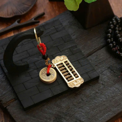 Móc Khóa Đồng Thâu, Đồng Xu Phong Thủy Bàn Tính Di Động, Chạm Khắc Rồng, Phượng, Lân Thu Hút Tài Lộc