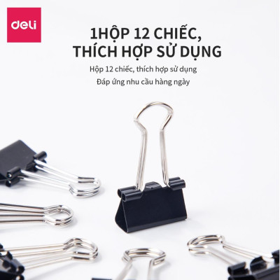 Kẹp bướm Đen Deli - Hộp 12 Chiếc - 19mm - E38565