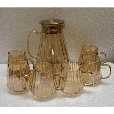 BỘ BÌNH ĐỰNG NƯỚC UỐN KÈM 6 CỐC THỦY TINH MÀU VÀNG GOLD CHỊU NHIỆT CAO CẤP