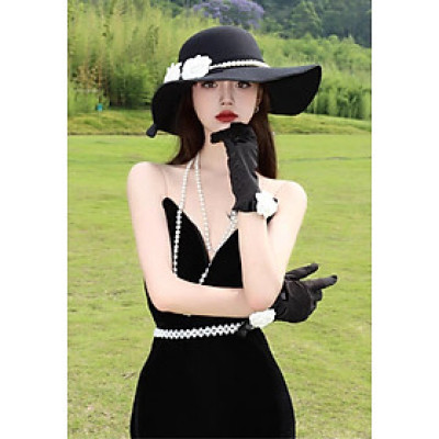 Nón fedora vành rộng mũ rộng vành nỉ phối 2 hoa trắng đai ngọc trai nhân tạo sang trọng