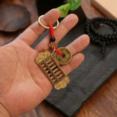 Móc Khóa Đồng Thâu, Đồng Xu Phong Thủy Bàn Tính Di Động, Chạm Khắc Rồng, Phượng, Lân Thu Hút Tài Lộc