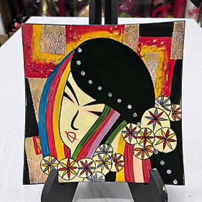 Dĩa vuông sơn mài Picasso size hàng xuất khẩu trang trí, làm quà tặng