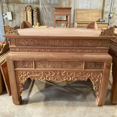 Án gian thờ đục ngũ phúc kim tiền chân 14 gỗ hương đá