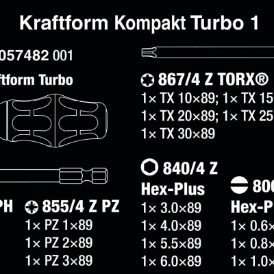 Bộ dụng cụ mở vặn vít đa năng Wera 05057482001 Kraftform Kompakt Turbo 1 với cán vít Turbo 1 vòng thành 4 vòng gồm 19 chi tiết