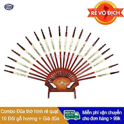 Bộ đũa thờ 10 đôi + giá rẻ quạt bằng gỗ Hương (CTH790) Hoa văn phong thủy đẹp mắt ️