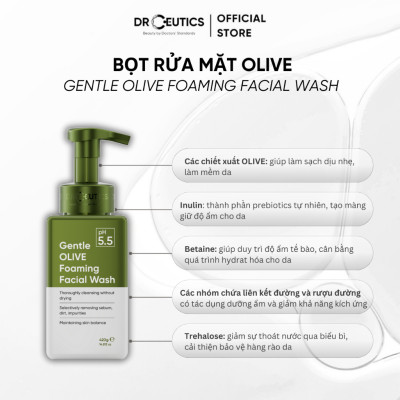 DrCeutics Sữa Rửa Mặt Tạo Bọt Gentle Olive Foaming Facial Wash - Cho Mọi Loại Da, Da Nhạy Cảm 420g