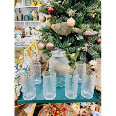 Combo bình đụng nước uống 6 cốc thủy tinh chịu nhiệt cao cấp vân sần kèm khay kim loại sơn tĩnh điện xanh