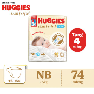 Tã/bỉm dán sơ sinh Huggies Skin Perfect NB 70+4 miếng với 2 vùng thấm giảm kích ứng da