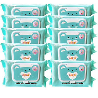 Combo 10 Gói Khăn Ướt Aiko Kháng Khuẩn 100 tờ/Gói không hương màu Xanh
