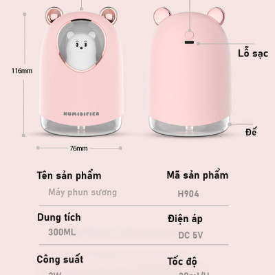 Máy phun sương tạo ẩm Rhino H904 dung tích 300ml, nhỏ gọn, không gây tiếng ồn, tích hợp đèn ngủ RGB nhiều màu - Hàng chính hãng