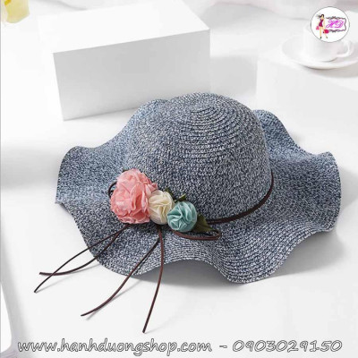 Nón cói bãi biển vành gợn sóng nơ 3 hoa HQC4114