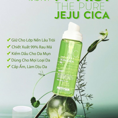 Xịt khoáng rau má Pretty Skin The Pure Jeju Cica 99 Mist làm dịu cấp ẩm cho da - Giữ lớp make up lâu trôi Hàn Quốc 100ml
