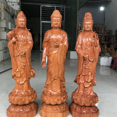 Tượng phật tây phương tam thánh bằng gỗ hương đá liền khối kt cao 60×20×20cm