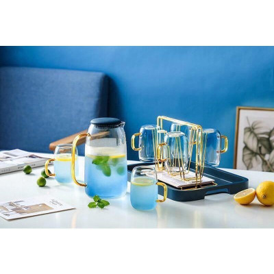 COMBO BÌNH ĐỰNG NƯỚC UỐNG MÀU XANH BIỂN KÈM KHAY VÀ GIÁ ÚP CỐC