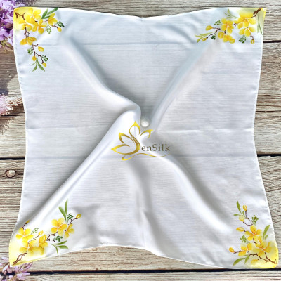Khăn Lụa Thắt Nơ Cổ Vẽ Tay Mai Vàng SenSilk 55x55cm, Lụa Tơ Tằm Bảo Lộc Thời Trang - Phụ Kiện Lụa Cao Cấp