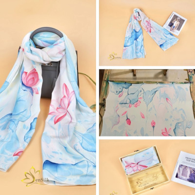 Khăn Lụa Thủy Ấn Hoa Sen - Tinh Hoa Quà Việt - SenSilk TA1