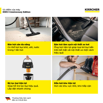 [BẢN KỶ NIỆM GIỚI HẠN] Máy hút bụi đa năng khô và ướt Karcher KWD 3 S Anniversary - Sản xuất châu Âu - Công suất 1000W - Hàng Chính Hãng