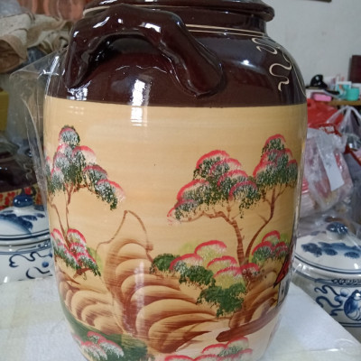 Hũ đựng rượu gạo gốm sứ Bát Tràng vẽ phong cảnh loại 30L