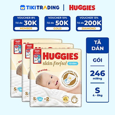 Combo 3 gói Tã/bỉm dán sơ sinh Huggies Skin Perfect  S 80+2 miếng với 2 vùng thấm giảm kích ứng da