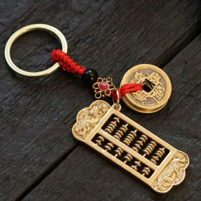 Móc Khóa Đồng Thâu, Đồng Xu Phong Thủy Bàn Tính Di Động, Chạm Khắc Rồng, Phượng, Lân Thu Hút Tài Lộc