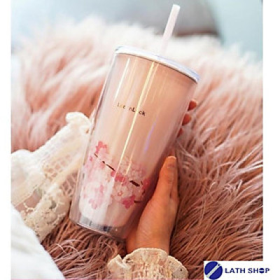 Ly Nhựa 2 Lớp Cherry Blossom Kèm Ống Hút LocknLock Dung Tích 750ML - HAP509 -Màu Trắng và Hồng