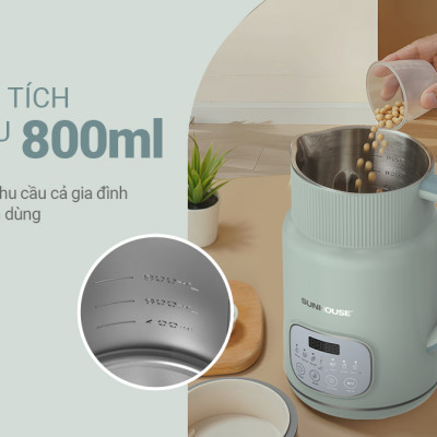 Máy Làm Sữa Hạt Đa Năng Sunhouse SHD5260 – 800ml Cối 2 lớp Lưỡi dao kép 8 cánh, Hẹn giờ nấu thông minh - Hàng chính hãng