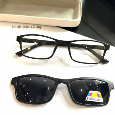 Kính Cận Râm Clip On, Gọng Kính Cận Mắt Vuông nhỏ 2in1 Gọng Nhựa Đen Ultem