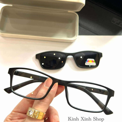 Kính Cận Râm Clip On, Gọng Kính Cận Mắt Vuông nhỏ 2in1 Gọng Nhựa Đen Ultem
