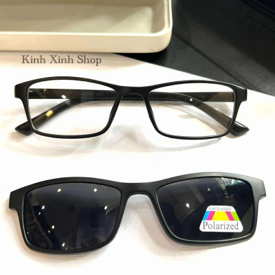 Kính Cận Râm Clip On, Gọng Kính Cận Mắt Vuông nhỏ 2in1 Gọng Nhựa Đen Ultem