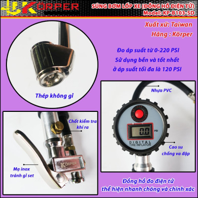 SÚNG BƠM LỐP TAY THẲNG ĐIỆN TỬ KORPER KP-B103-5D