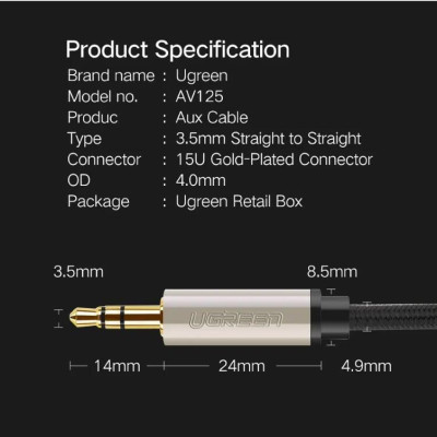 Ugreen UG40782AV125TK 3M màu Đen Cáp âm thanh 2 đầu 3.5mm dương đầu bọc kim loại cao cấp - HÀNG CHÍNH HÃNG