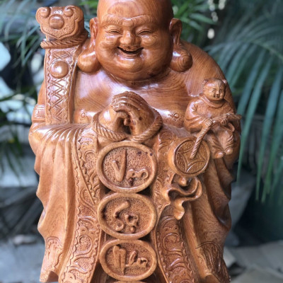 Tượng phật di lặc chúc phúc bằng gỗ hương đá kt cao 80×27×24cm
